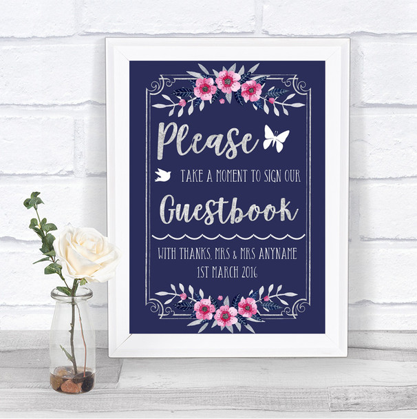 Navy Blue Pink & Silver Take A Moment To Sign Our Guest Book Wedding Sign