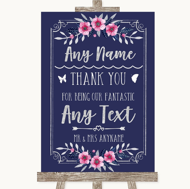 Navy Blue Pink & Silver Thank You Bridesmaid Page Boy Best Man Wedding Sign