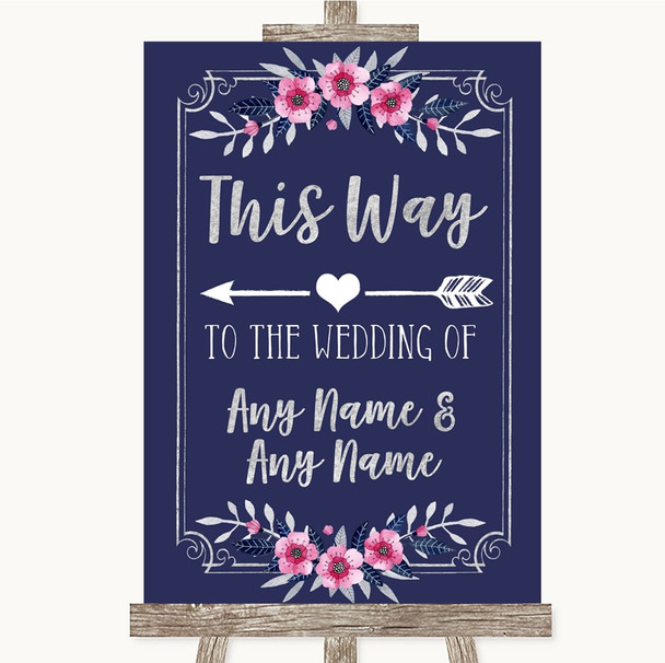 Navy Blue Pink & Silver This Way Arrow Left Personalized Wedding Sign