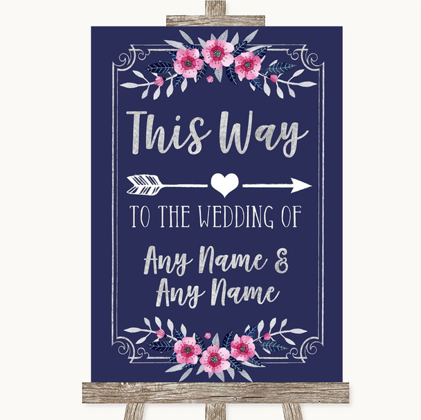 Navy Blue Pink & Silver This Way Arrow Right Personalized Wedding Sign