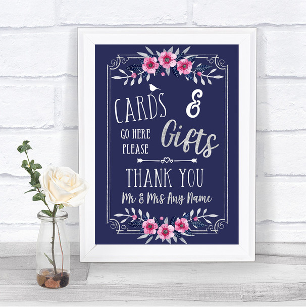 Navy Blue Pink & Silver Cards & Gifts Table Personalized Wedding Sign