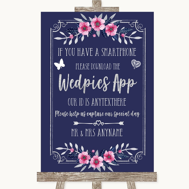 Navy Blue Pink & Silver Wedpics App Photos Personalized Wedding Sign