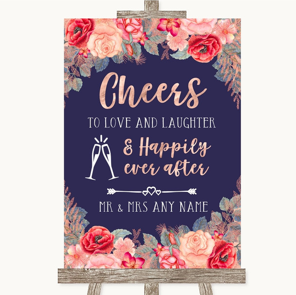 Navy Blue Blush Rose Gold Cheers To Love Personalized Wedding Sign