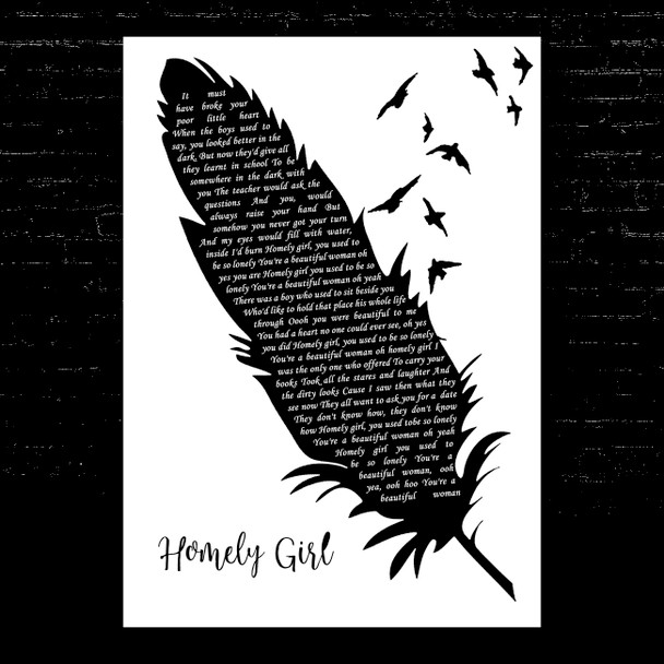 UB40 Homely Girl Black & White Feather & Birds Song Lyric Music Art Print