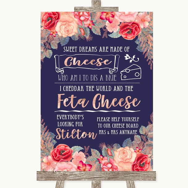 Navy Blue Blush Rose Gold Cheeseboard Cheese Song Personalized Wedding Sign