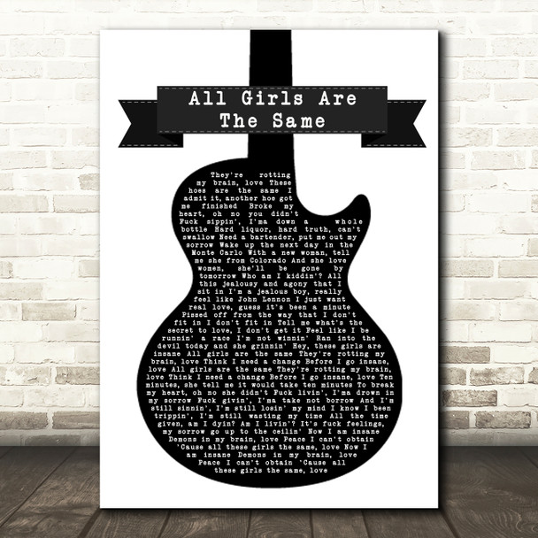 Juice Wrld All Girls Are The Same Black & White Guitar Song Lyric Music Art Print