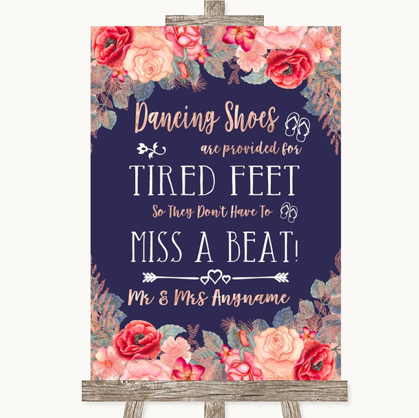 Navy Blue Blush Rose Gold Dancing Shoes Flip-Flop Tired Feet Wedding Sign