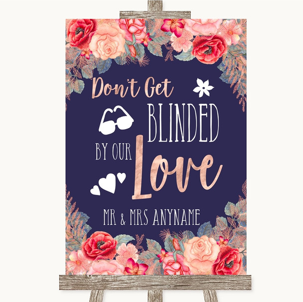 Navy Blue Blush Rose Gold Don't Be Blinded Sunglasses Personalized Wedding Sign