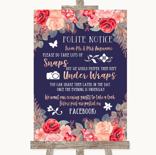 Navy Blue Blush Rose Gold Don't Post Photos Facebook Personalized Wedding Sign