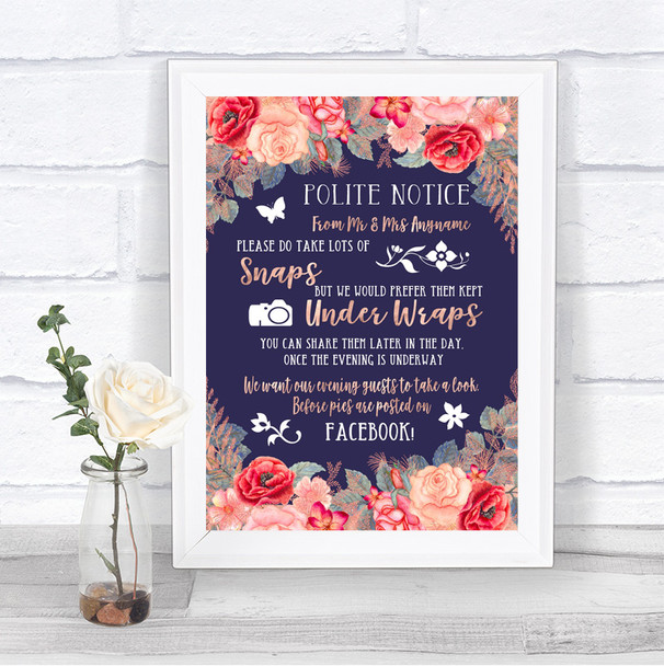 Navy Blue Blush Rose Gold Don't Post Photos Facebook Personalized Wedding Sign