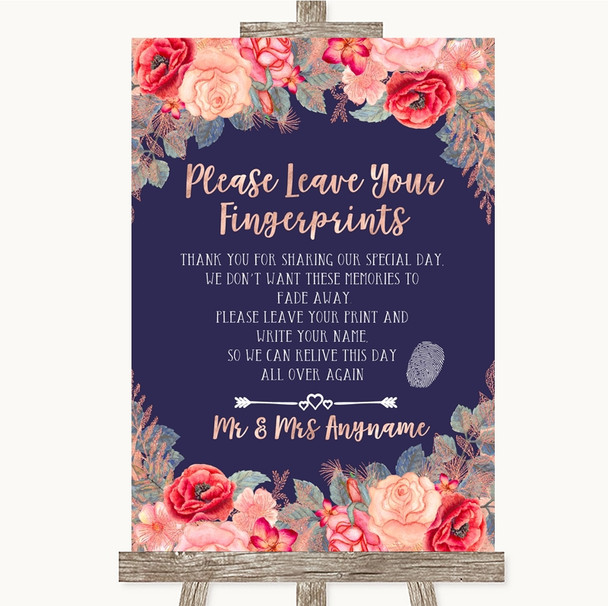 Navy Blue Blush Rose Gold Fingerprint Guestbook Personalized Wedding Sign