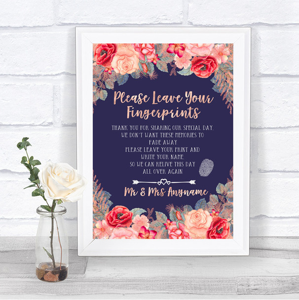 Navy Blue Blush Rose Gold Fingerprint Guestbook Personalized Wedding Sign