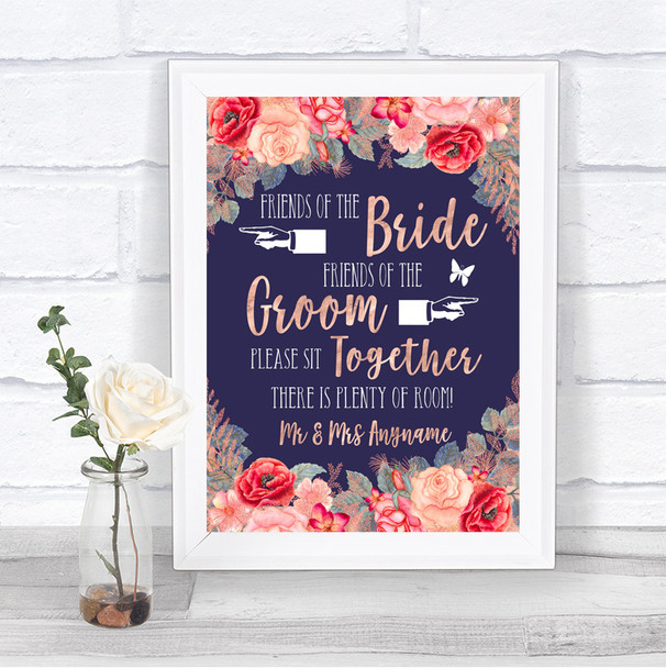 Navy Blue Blush Rose Gold Friends Of The Bride Groom Seating Wedding Sign