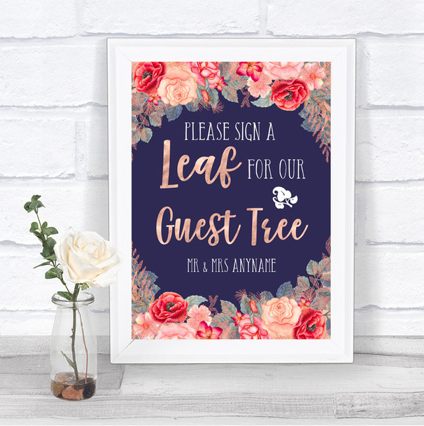 Navy Blue Blush Rose Gold Guest Tree Leaf Personalized Wedding Sign