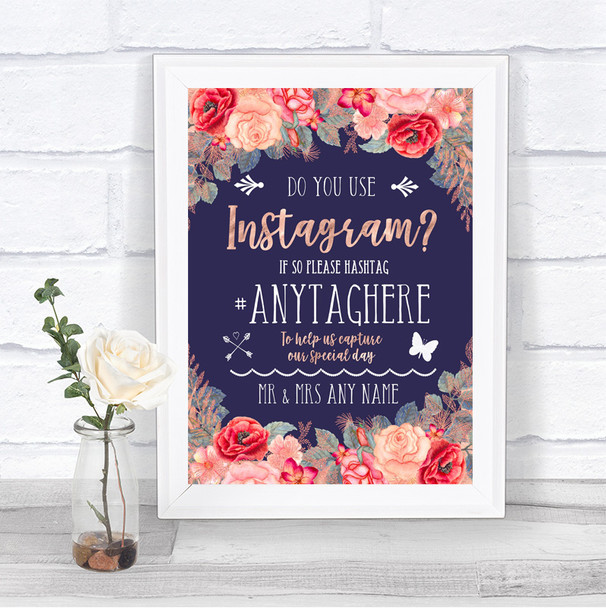 Navy Blue Blush Rose Gold Instagram Photo Sharing Personalized Wedding Sign