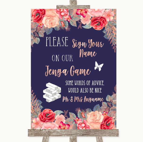 Navy Blue Blush Rose Gold Jenga Guest Book Personalized Wedding Sign