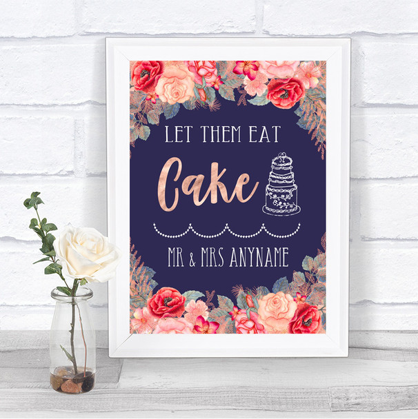 Navy Blue Blush Rose Gold Let Them Eat Cake Personalized Wedding Sign