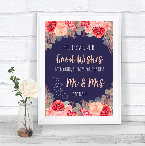 Navy Blue Blush Rose Gold Blow Bubbles Personalized Wedding Sign