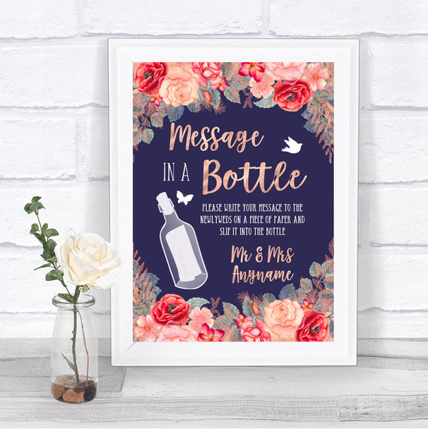 Navy Blue Blush Rose Gold Message In A Bottle Personalized Wedding Sign