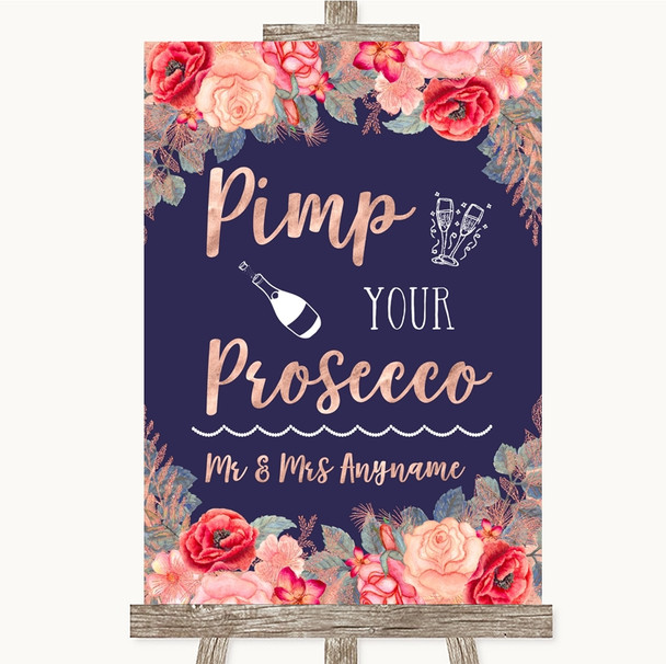 Navy Blue Blush Rose Gold Pimp Your Prosecco Personalized Wedding Sign