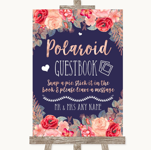 Navy Blue Blush Rose Gold Polaroid Guestbook Personalized Wedding Sign