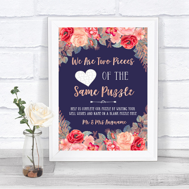 Navy Blue Blush Rose Gold Puzzle Piece Guest Book Personalized Wedding Sign