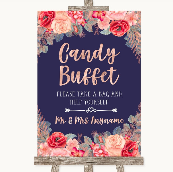 Navy Blue Blush Rose Gold Candy Buffet Personalized Wedding Sign