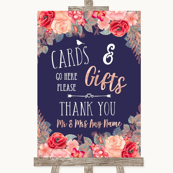 Navy Blue Blush Rose Gold Cards & Gifts Table Personalized Wedding Sign