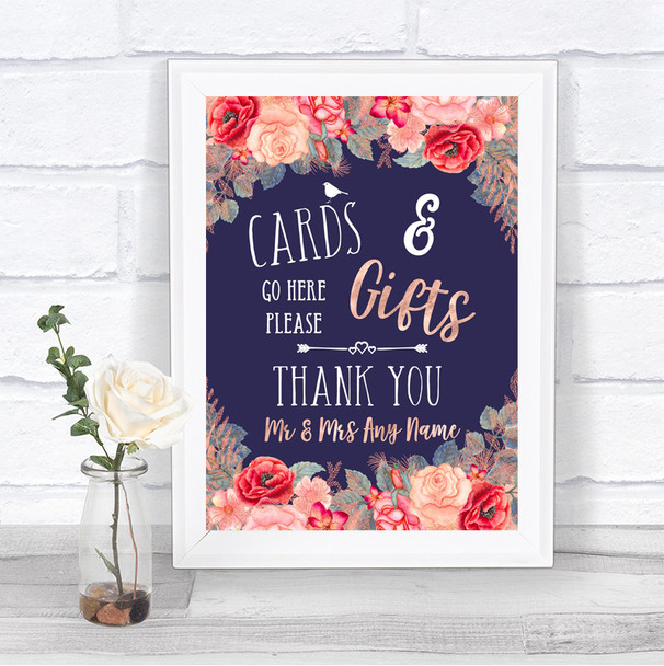 Navy Blue Blush Rose Gold Cards & Gifts Table Personalized Wedding Sign