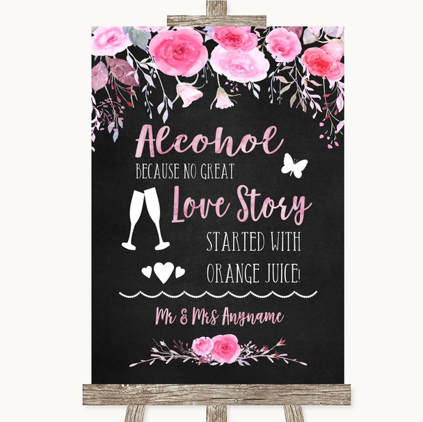 Chalk Style Watercolour Pink Floral Alcohol Bar Love Story Wedding Sign