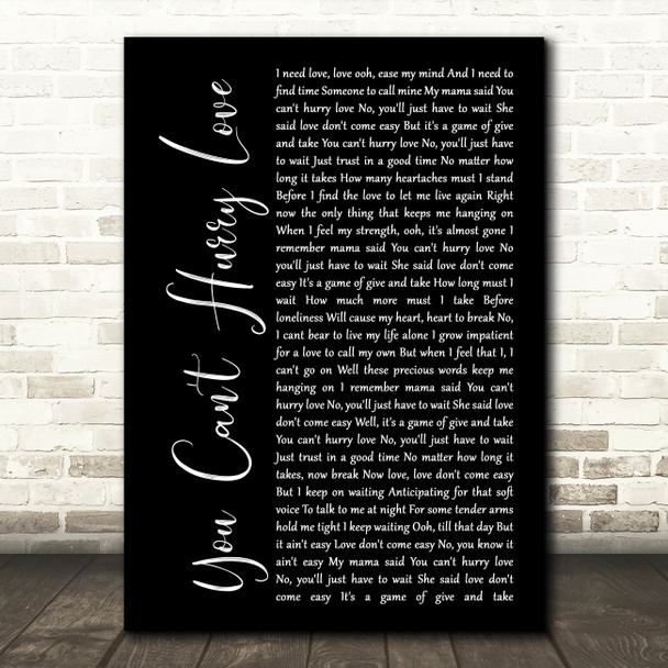 Phil Collins You Can't Hurry Love Black Script Song Lyric Music Art Print