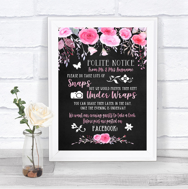 Chalk Style Watercolour Pink Floral Don't Post Photos Facebook Wedding Sign