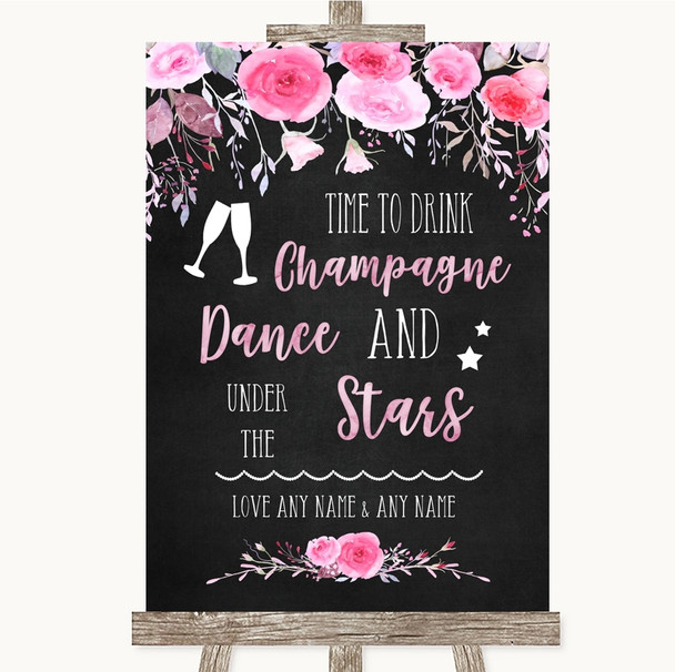 Chalk Style Watercolour Pink Floral Drink Champagne Dance Stars Wedding Sign