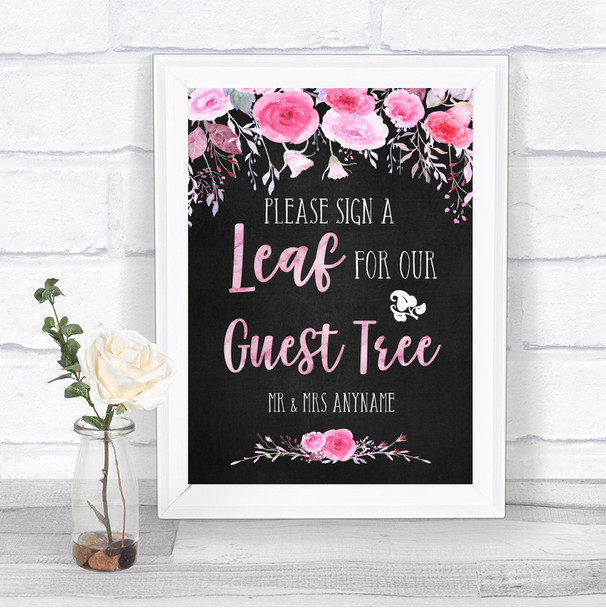 Chalk Style Watercolour Pink Floral Guest Tree Leaf Personalized Wedding Sign