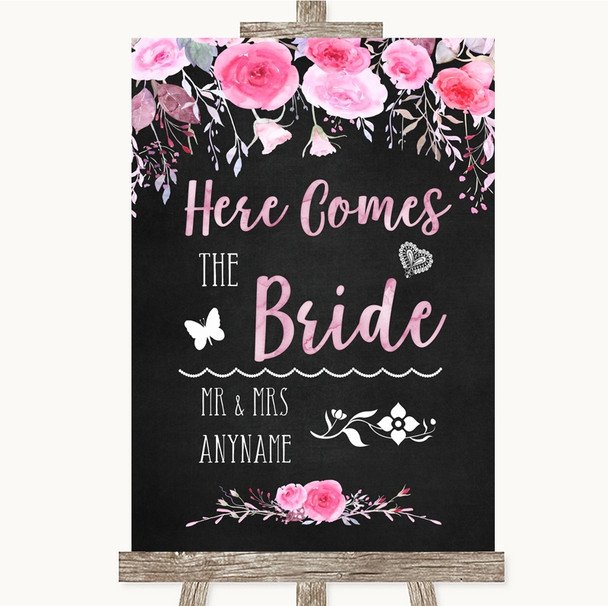 Chalk Style Watercolour Pink Floral Here Comes Bride Aisle Wedding Sign