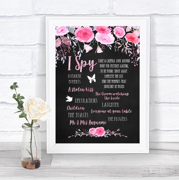 Chalk Style Watercolour Pink Floral I Spy Disposable Camera Wedding Sign