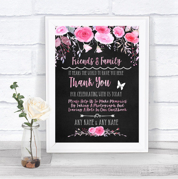 Chalk Watercolour Pink Floral Photo Guestbook Friends & Family Wedding Sign