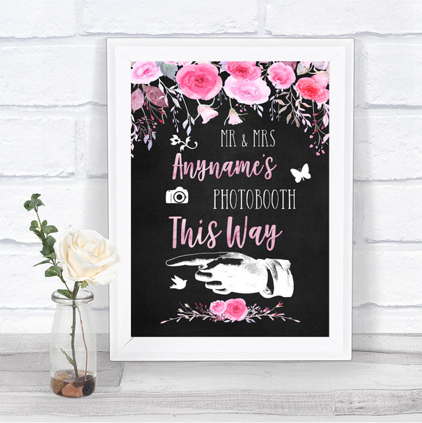 Chalk Style Watercolour Pink Floral Photobooth This Way Left Wedding Sign