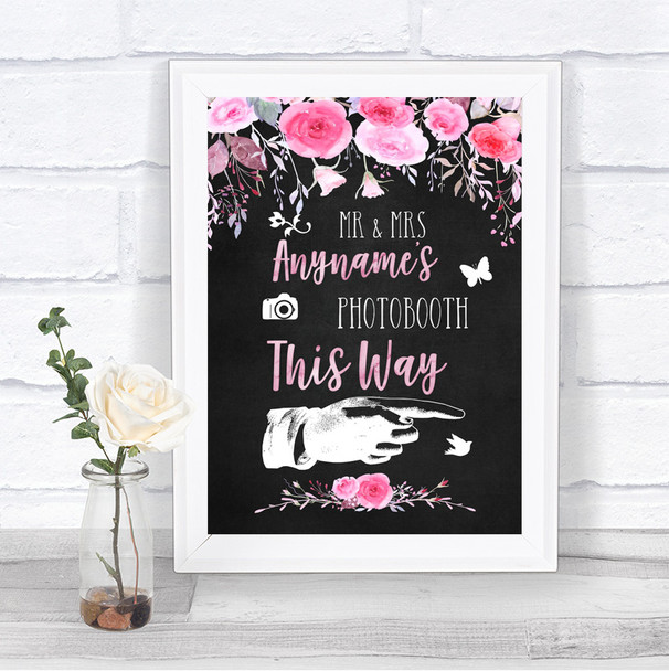 Chalk Style Watercolour Pink Floral Photobooth This Way Right Wedding Sign