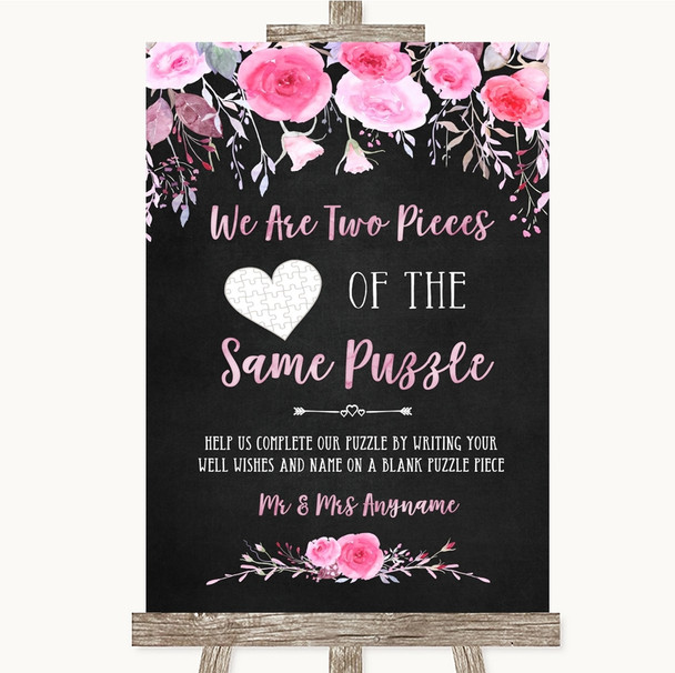 Chalk Style Watercolour Pink Floral Puzzle Piece Guest Book Wedding Sign