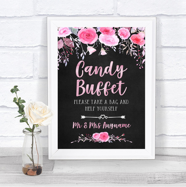 Chalk Style Watercolour Pink Floral Candy Buffet Personalized Wedding Sign