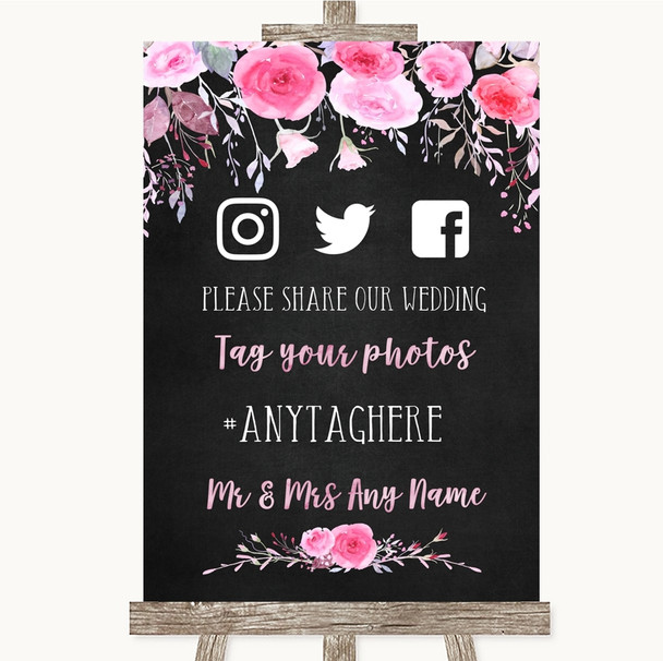 Chalk Style Watercolour Pink Floral Social Media Hashtag Photos Wedding Sign