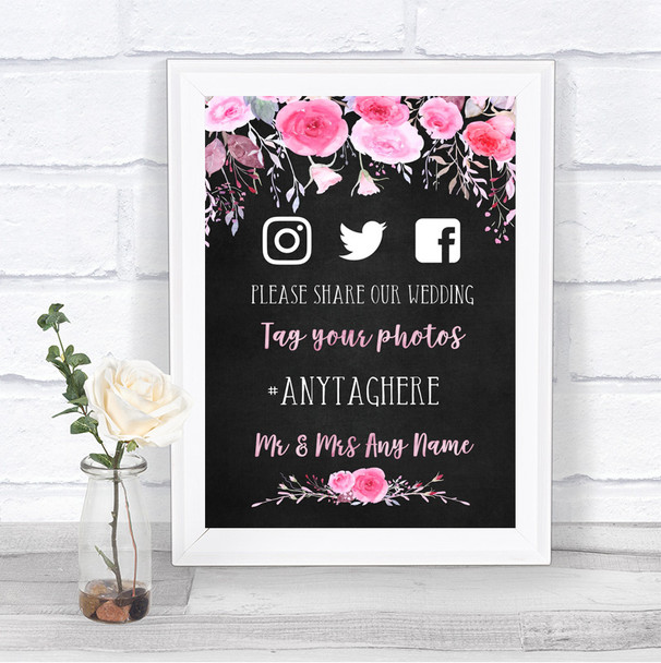 Chalk Style Watercolour Pink Floral Social Media Hashtag Photos Wedding Sign