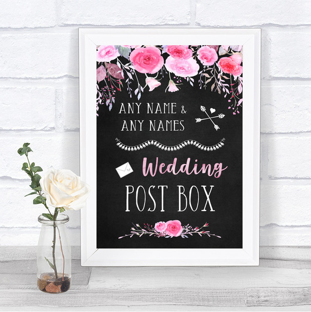 Chalk Style Watercolour Pink Floral Card Post Box Personalized Wedding Sign
