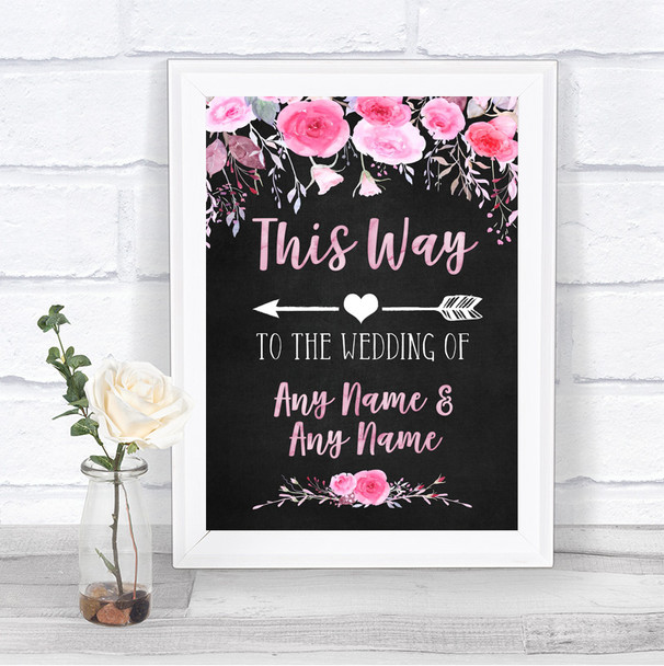 Chalk Style Watercolour Pink Floral This Way Arrow Left Wedding Sign