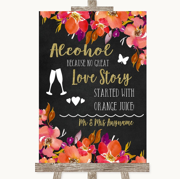 Pink Coral Orange & Purple Alcohol Bar Love Story Personalized Wedding Sign