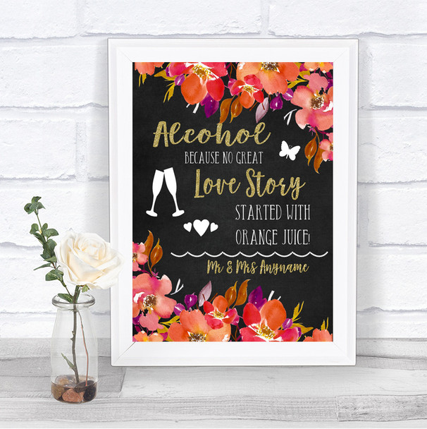 Pink Coral Orange & Purple Alcohol Bar Love Story Personalized Wedding Sign