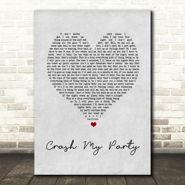 Luke Bryan Crash My Party Grey Heart Song Lyric Music Art Print