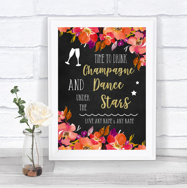Pink Coral Orange & Purple Drink Champagne Dance Stars Personalized Wedding Sign
