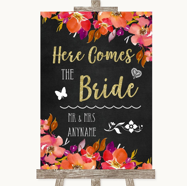 Pink Coral Orange & Purple Here Comes Bride Aisle Personalized Wedding Sign